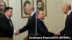 Комбинация от снимки от консултациите при президента Румен Радев с лидера на БСП Атанас Зафиров (вляво) и Тошко Йорданов от ИТН, 17 декември 2025 г.