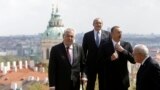 Czech Republic -- (L-R) Presidents of the Czech Republic Milos Zeman, Georgia Giorgi Margvelashvili, Azerbaijan Ilham Aliyev and Slovakia Ivan Gasparovic during a meeting on the 5th anniversary of the Eastern Partnership, Prague, 24 April 2014.