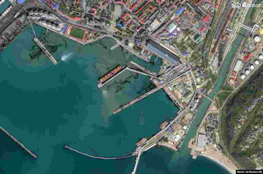 An image made on April 17 showing oil seeping into the waters of the Black Sea following a Ukrainian drone strike.