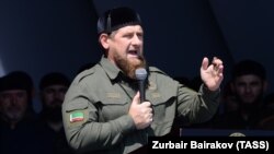 Chechen leader Ramzan Kadyrov addresses a rally in Grozny expressing support for the Rohingya Muslim minority in Burma on September 4.