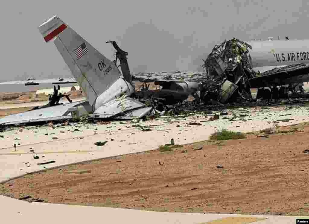 A destroyed American E-3 Sentry aircraft seen after an Iranian strike on the Prince Sultan Air Base in Saudi Arabia. The image was released on March 29.The advanced aircraft are valued at around $300 million each, with only a reported 16 of the aircraft currently in service with the US Air Force.