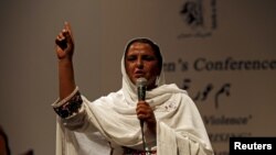 Mukhtar Mai addresses a conference on International Women's Day, organised by Tehrik-e-Niswan, a cultural action group working on women's development, in Karachi in 2016.