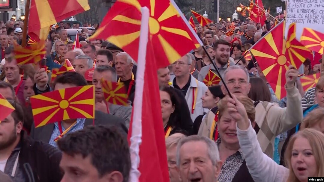 Macedonians at yet another protest in March.