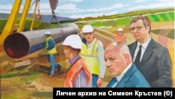 Бившият премиер Бойко Борисов и президентът на Сърбия наглеждат строителството на "Турски поток". Художник Симеон Кръстев