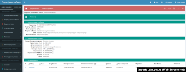 Detajet e marrëveshjes së lidhur midis Elektrokosmetit dhe Industrisë së Naftës së Serbisë, të disponueshme në portalin e prokurimeve publike.