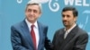 Presidents Serzh Sarkisian (L) of Armenia and Mahmoud Ahmadinejad of Iran meet in Tehran on April 13, 2009.