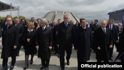 Armenia - The presidents of Armenia, Russia, France, Serbia and Cyprus at the Armenian Genocide Memorial complex in Yerevan, 24Apr2015.