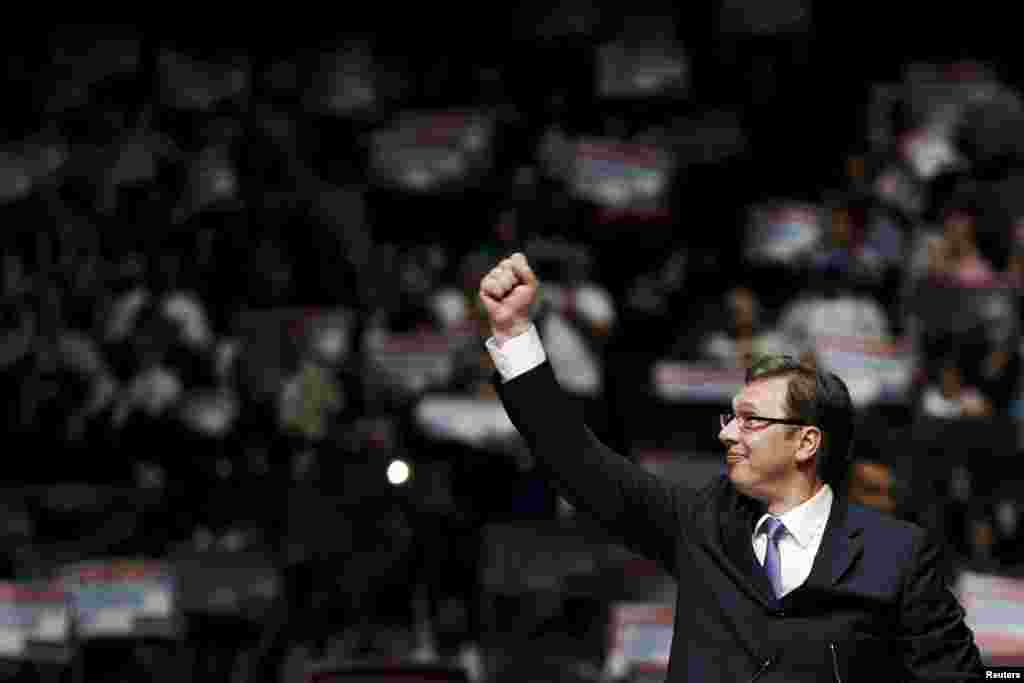 Serbian Prime Minister and leader of the Serbian Progressive Party (SNS) Aleksandar Vucic gestures during a rally ahead of the April 24 election in Belgrade on April 21. (Reuters/Marko Djurica)