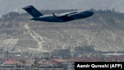 One of the last U.S. Air Force planes takes off from the airport in Kabul on August 30.