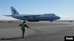 A Russian cargo plane carrying medical equipment lands at John F. Kennedy International Airport on April 1.