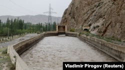 A view of the Golovnoi water intake facility from the Kyrgyz village of Kok-Tash