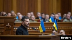 Ukraine's President Volodymyr Zelenskiy addresses lawmakers as he presents his "Victory Plan" during a parliament session in Kyiv on October 16.