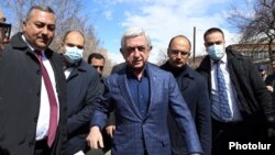 Armenia - Former President Serzh Sargsian addresses supporters outside a court in Yerevan, March 18, 2021