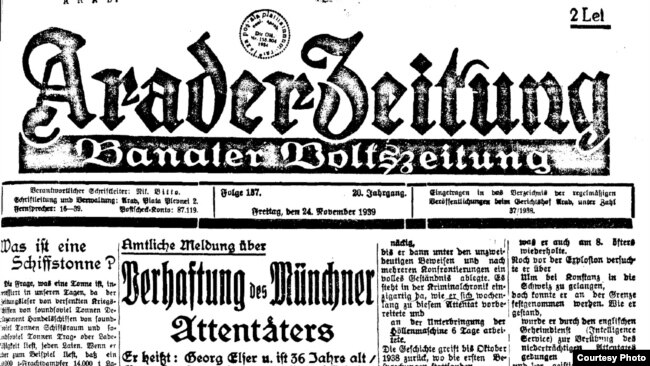 Arader Zeitung, 24. 11. 1939, despre arestarea lui Elser