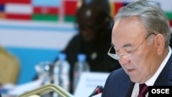 Kazakh President Nursultan Nazarbaev speaks at the opening of the High-Level Conference on Tolerance and Non-Discrimination in Astana on June 29.