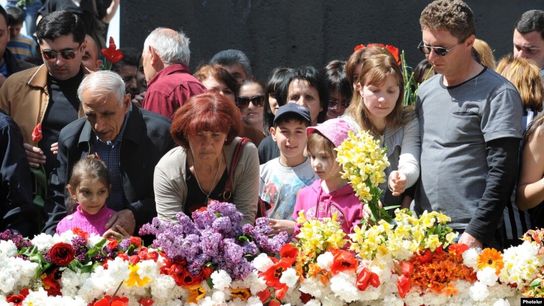 Armenians lay flowers at the Armenian Genocide Memorial in Yerevan on April 24. 