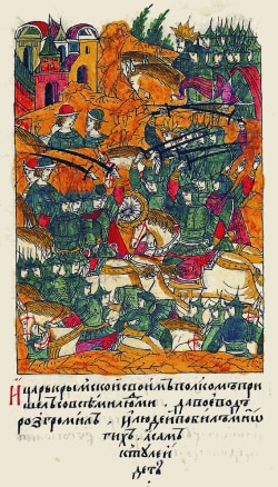 Мініатюра з Лицевого літописного зводу. Кримське військо під Москвою, яке тоді спалило столицю Московії, 1571 рік