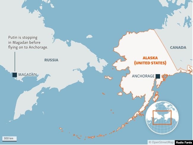 پوتین در مسیر سفر خود برای دیدار با ترامپ در آلاسکا، در شهر ماگادان در خاور دور توقف کرد. فاصلۀ پروازی از ماگادان حدود ۳٬۱۵۰ کیلومتر است.