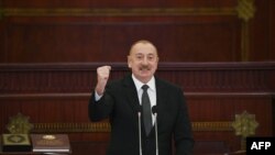 Azerbaijan - Reelected Azeri President Ilham Aliyev attends his inauguration ceremony at the parliament in Baku on February 14, 2024.