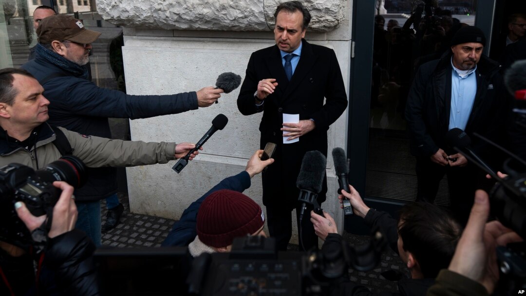 U.S. Ambassador to Hungary David Pressman addresses the media after the parliamentary session ended without a vote in Budapest on February 5.