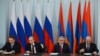 Armenia - Energy Minister Armen Movsisian (R) and Gazprom Chairman Alexei Miller (L) sign a Russian-Armenian gas deal in the presence of Presidents Vladimir Putin and Serzh Sarkisian, Yerevan, 2Dec2013.