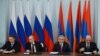 Armenia - Energy Minister Armen Movsisian (R) and Gazprom Chairman Alexei Miller (L) sign a Russian-Armenian gas deal in the presence of Presidents Vladimir Putin and Serzh Sarkisian, Yerevan, 2Dec2013.