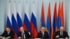 Armenia - Energy Minister Armen Movsisian (R) and Gazprom Chairman Alexei Miller (L) sign a Russian-Armenian gas deal in the presence of Presidents Vladimir Putin and Serzh Sarkisian, Yerevan, 2Dec2013.