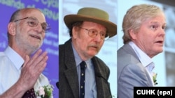 A combo photo shows the winners of the 2017 Nobel Prize in Physiology or Medicine: Jeffrey C Hall (center), Michael Rosbash (left), and Michael W Young