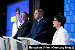 Пресконференція віцепрем'єра України з євроінтеграції Тараса Качки, міністра з європейських справ Ірландії Томас Бірна, єврокомісарка з розширення Марти Кос (зліва направо). Брюссель, Бельгія, 14 липня 2026 року