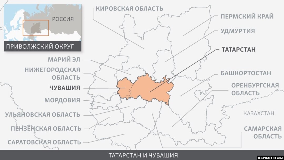 Чувашия и Татарстан на карте Приволжского федерального округа