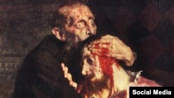 Ільля Рэпін. Іван Жахлівы і сын яго Іван. 16 лістапада 1581, фрагмэнт