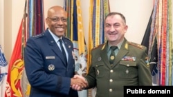 U.S. - Charles Brown, chairman of the U.S. Joint Chiefs of Staff, and Edvard Asrian, chief of the Armenian army's General Staff, meet in Washington, October 16, 2024.