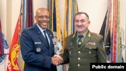 U.S. - Charles Brown, chairman of the U.S. Joint Chiefs of Staff, and Edvard Asrian, chief of the Armenian army's General Staff, meet in Washington, October 16, 2024.