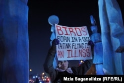 ეს ფოტო ელბაქიძის აღმართთან არის გადაღებული. ბანერზე ინგლისურად წერია: გალიაში დაბადებულ ჩიტებს ჰგონიათ, რომ ფრენა ავადმყოფობაა. მთელი წლის მანძილზე ყველა მსვლელობა ერთ დიდ აქციად ერთიანდებოდა რუსთაველის გამზირზე, პარლამენტის შენობის წინ.