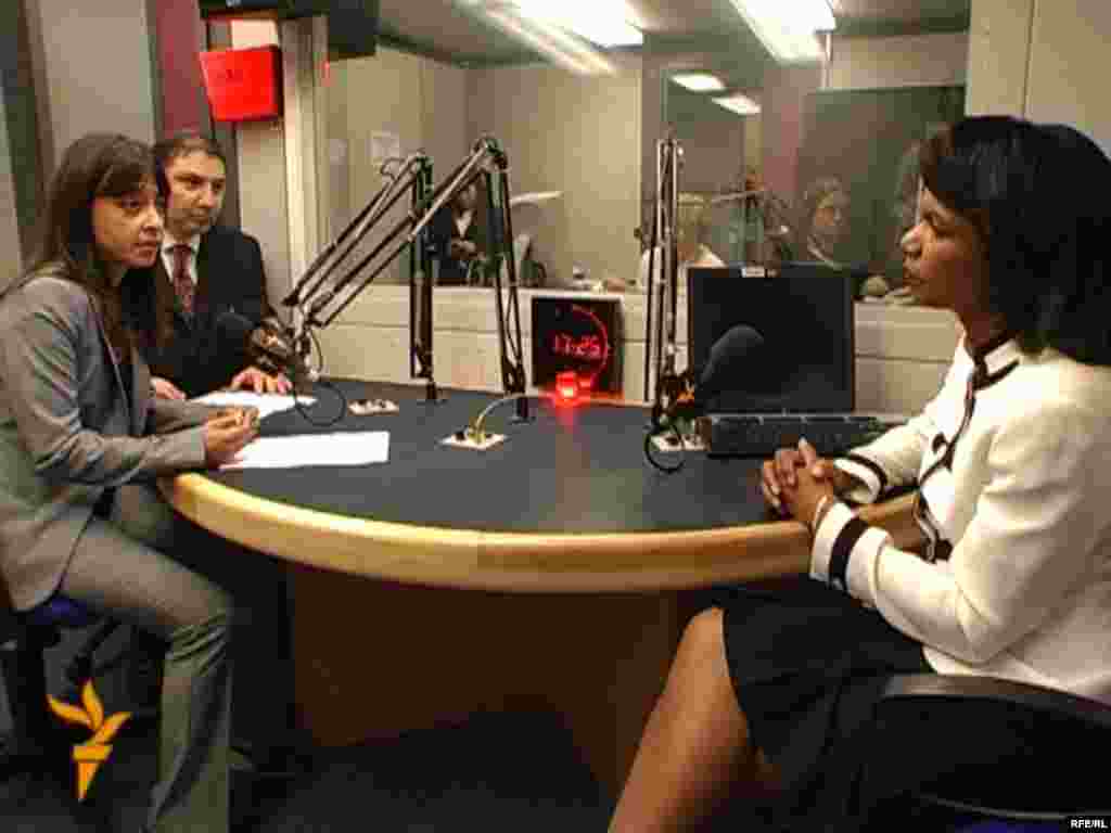 U.S. Secretary of State Condoleeza Rice is interviewed by RFE/RL correspondent Golnaz Esfandiari in July 2008. 