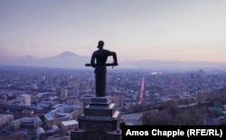 Mother Armenia looks out over Yerevan in March 2021.