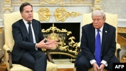 NATO Secretary General Mark Rutte speaks to reporters during a meeting with US President Donald Trump in the Oval Office of the White House.