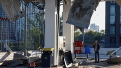 The aftermath of a Russian drone strike on a gas station in Kyiv on September 15. 