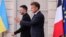 Ukrainian President Volodymyr Zelenskyy and French President Emmanuel Macron arrive at a press conference in Paris on September 4.