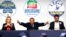 Capii dreptei italiene în congres: Silvio Berlusconi între șefa extremei drepte din Fratelli D'Italia, Giorgia Meloni, și liderul grupării Lega, formațiunea din nord a dreptei, Matteo Salvini. 