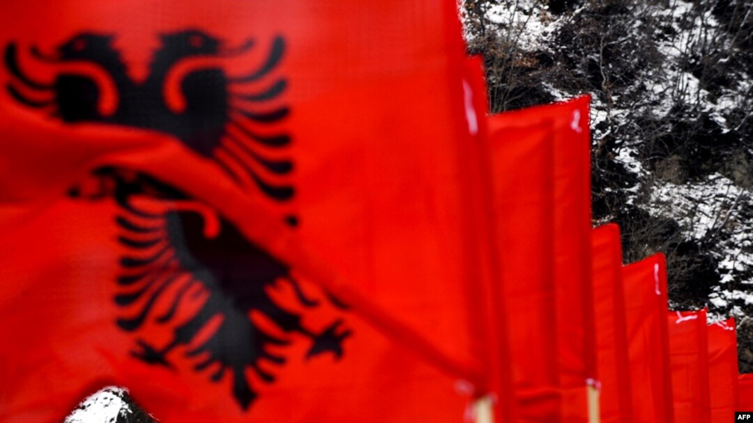 Albanian flags in preparation for the anniversary in the town of Kacanik, Kosovo