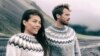 icelandic wool handknit knitted sweaters on outdoor beach banner. Fashion models background