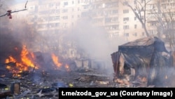 A fire burns after a Russian attack on Zaporizhzhya in southern Ukraine on March 14. 