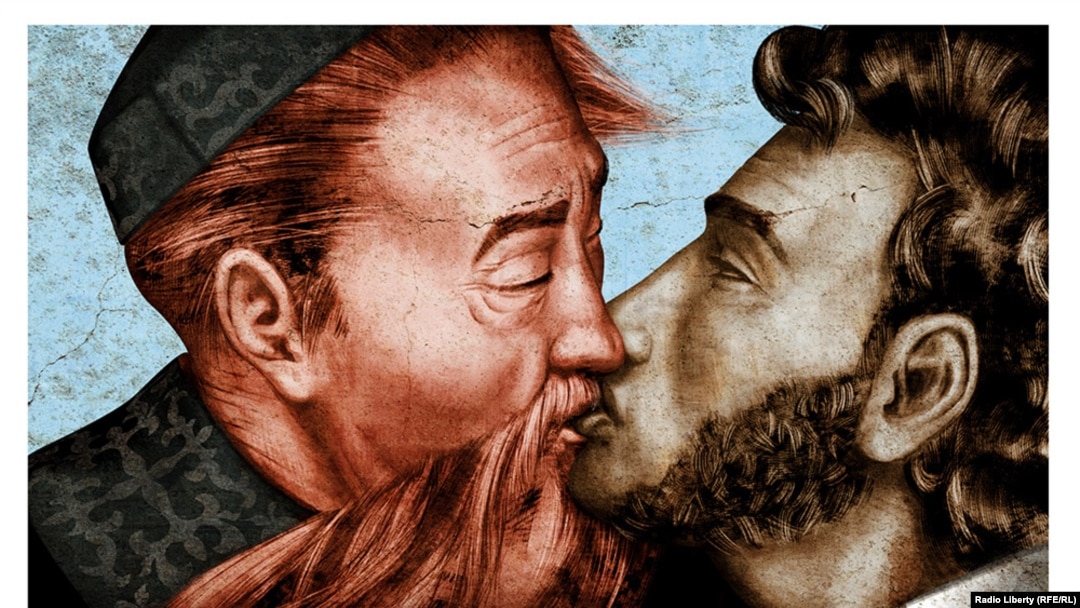 This image of Russian poet Aleksandr Pushkin kissing Kazakh composer Qurmanghazy Saghyrbaiuly outraged many in Kazakhstan. 