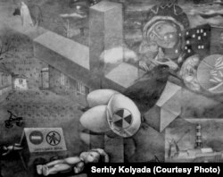 A drawing by Kolyada that includes a depiction of Chernobyl and religious imagery.