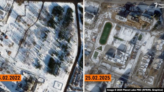 Kolazh krahasues. Në të majtë është një imazh satelitor i një trualli të zbrazët në territorin e një ish-qyteti ushtarak në pjesën veriperëndimore të Osipovichit, në të djathtë është një imazh satelitor i të njëjtit vend, por me ndërtesa shumëkatëshe të ndërtuara së fundmi dhe një shkollë me stadium.