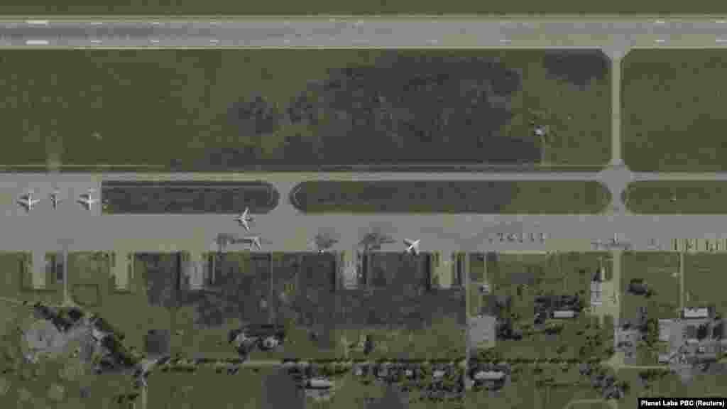 Satellite images of a section of Russia's Belaya air base taken on May 17, shortly before Ukraine's Spiderweb drone attacks, and then an image from June 4.