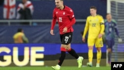 Georgia forward Georges Mikautadze celebrates after equalizing during the UEFA Nations League match against Ukraine in Batumi on November 16.