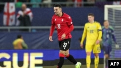 Georgia forward Georges Mikautadze celebrates after equalizing during the UEFA Nations League match against Ukraine in Batumi on November 16.