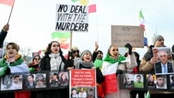 Protesters rally in front of United Nations office ahead of indirect nuclear talks between the United States and Iran taking place in Geneva, Switzerland, on February 17.